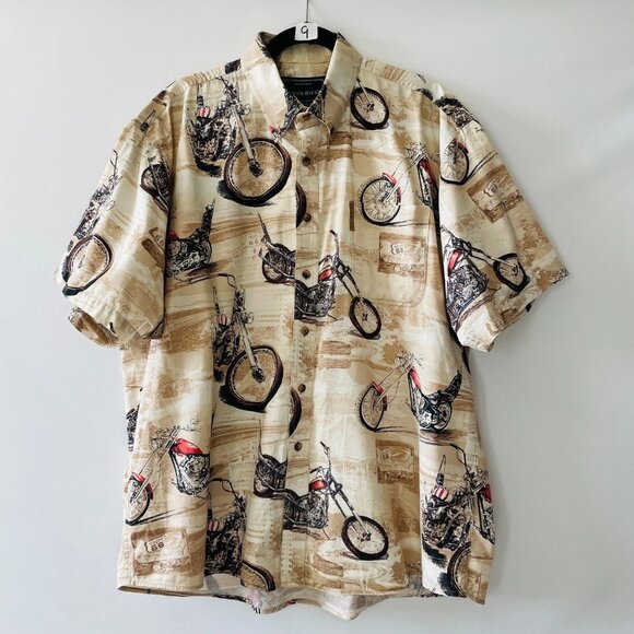 North River Mens Beige Route 66 Motorcycle Print Hawaiian Button Up Shirt Sz XL - Picture 1 of 7